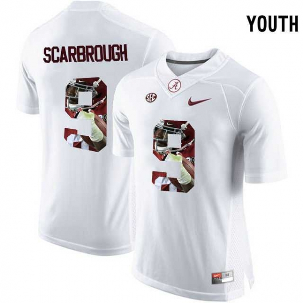 Youth Alabama Crimson Tide #9 Bo Scarbrough White Portrait Print Youth College Football Jersey