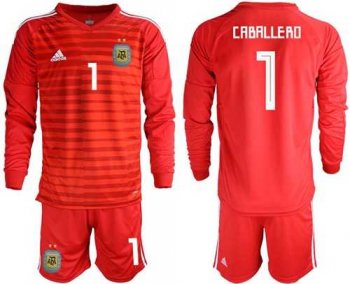 Argentina #1 Caballero Red Long Sleeves Goalkeeper Soccer Country Jersey