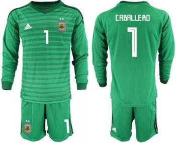 Argentina #1 Caballero Green Long Sleeves Goalkeeper Soccer Country Jersey