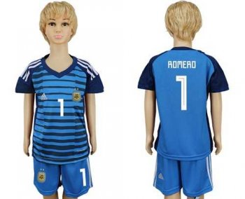 Argentina #1 Romero Blue Goalkeeper Kid Soccer Country Jersey