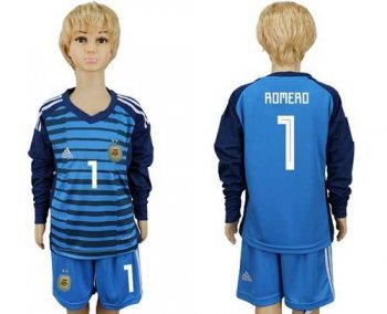 Argentina #1 Romero Blue Long Sleeves Goalkeeper Kid Soccer Country Jersey