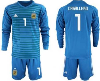 Argentina #1 Caballero Blue Long Sleeves Goalkeeper Soccer Country Jersey