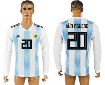 Argentina #20 KUN AGUERO Home 2018 FIFA World Cup Long Sleeve Thailand Soccer Jersey