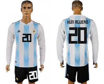 Argentina #20 Kun Aguero Home Long Sleeves Soccer Country Jersey