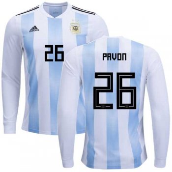 Argentina #26 Pavon Home Long Sleeves Kid Soccer Country Jersey