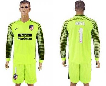 Atletico Madrid #1 Moya Shiny Green Goalkeeper Long Sleeves Soccer Club Jersey