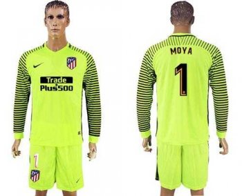 Atletico Madrid #1 Moya Shiny Green Goalkeeper Long Sleeves Soccer Club Jersey