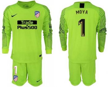 Atletico Madrid #1 Moya Shiny Green Goalkeeper Long Sleeves Soccer Club Jersey