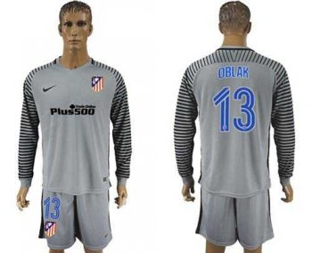 Atletico Madrid #13 Oblak Grey Goalkeeper Long Sleeves Soccer Club Jersey