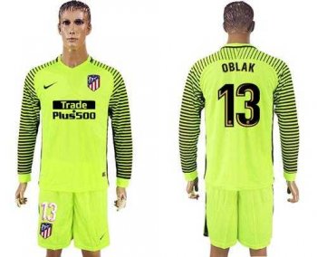 Atletico Madrid #13 Oblak Shiny Green Goalkeeper Long Sleeves Soccer Club Jersey