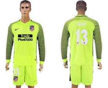 Atletico Madrid #13 Oblak Shiny Green Goalkeeper Long Sleeves Soccer Club Jersey