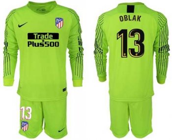 Atletico Madrid #13 Oblak Shiny Green Goalkeeper Long Sleeves Soccer Club Jersey