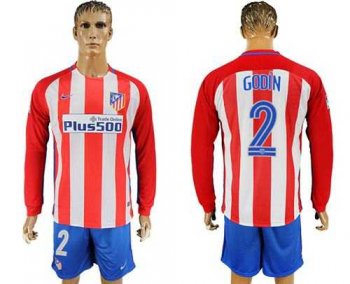 Atletico Madrid #2 Godin Home Long Sleeves Soccer Club Jersey