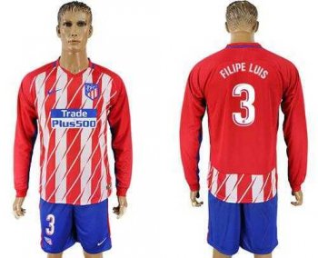 Atletico Madrid #3 Filipe Luis Home Long Sleeves Soccer Club Jersey