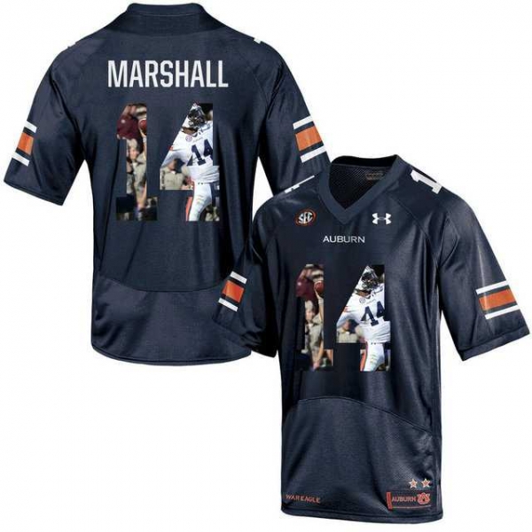 Auburn Tigers #14 Nick Marshall Navy With Portrait Print College Football Jersey2