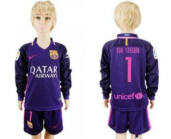 Barcelona #1 Ter Stegen Away Long Sleeves Kid Soccer Club Jersey