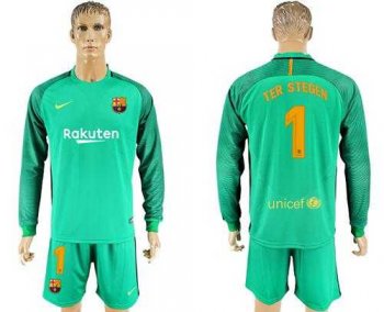 Barcelona #1 Ter Stegen Green Goalkeeper Long Sleeves Soccer Club Jersey