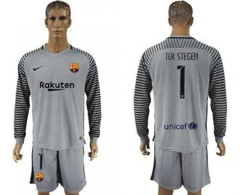 Barcelona #1 Ter Stegen Grey Goalkeeper Long Sleeves Soccer Club Jersey