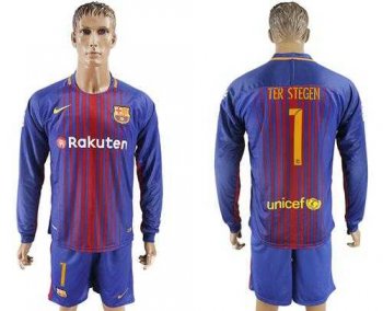 Barcelona #1 Ter Stegen Home Long Sleeves Soccer Club Jersey