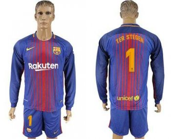 Barcelona #1 Ter Stegen Home Long Sleeves Soccer Club Jersey