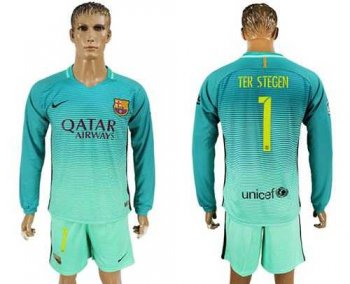 Barcelona #1 Ter Stegen Sec Away Long Sleeves Soccer Club Jersey