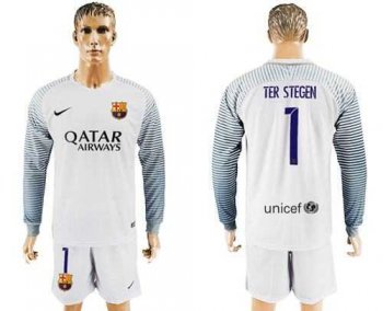 Barcelona #1 Ter Stegen White Goalkeeper Long Sleeves Soccer Club Jersey