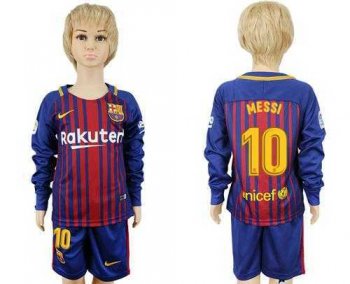 Barcelona #10 Messi Home Long Sleeves Kid Soccer Club Jersey