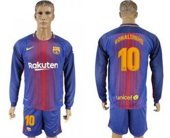 Barcelona #10 Ronaldinho Home Long Sleeves Soccer Club Jersey