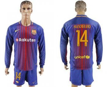 Barcelona #14 Mascherano Home Long Sleeves Soccer Club Jersey