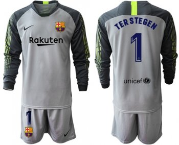 Barcelona #1 Ter Stegen Grey Goalkeeper Long Sleeves Soccer Club Jersey