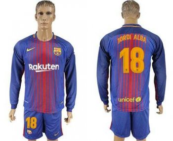 Barcelona #18 Jordi Alba Home Long Sleeves Soccer Club Jersey