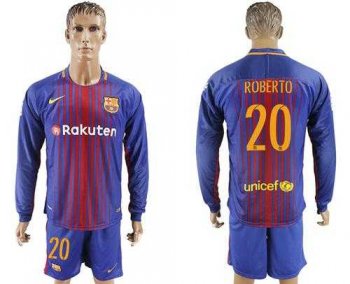 Barcelona #20 Roberto Home Long Sleeves Soccer Club Jersey