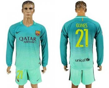 Barcelona #21 Gomes Sec Away Long Sleeves Soccer Club Jersey