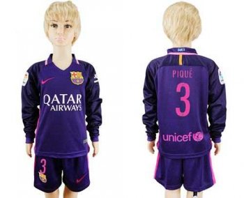 Barcelona #3 Pique Away Long Sleeves Kid Soccer Club Jersey