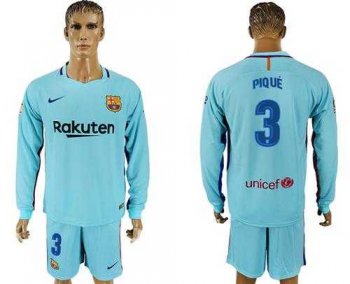 Barcelona #3 Pique Away Long Sleeves Soccer Club Jersey