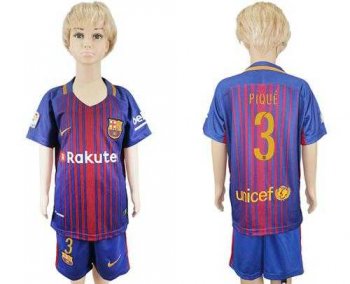 Barcelona #3 Pique Home Kid Soccer Club Jersey