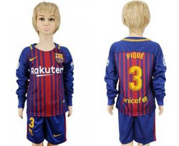 Barcelona #3 Pique Home Long Sleeves Kid Soccer Club Jersey