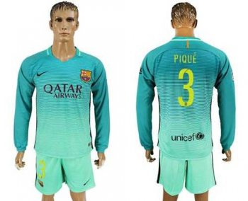 Barcelona #3 Pique Sec Away Long Sleeves Soccer Club Jersey