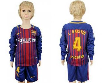 Barcelona #4 I.Rakitic Home Long Sleeves Kid Soccer Club Jersey