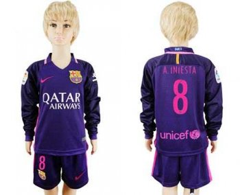 Barcelona #8 A.Iniesta Away Long Sleeves Kid Soccer Club Jersey