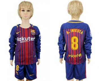 Barcelona #8 A.Iniesta Home Long Sleeves Kid Soccer Club Jersey