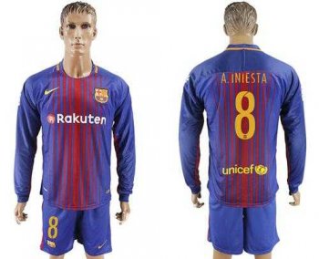 Barcelona #8 A.Iniesta Home Long Sleeves Soccer Club Jersey