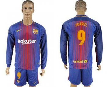 Barcelona #9 Suarez Home Long Sleeves Soccer Club Jersey