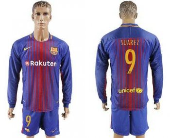 Barcelona #9 Suarez Home Long Sleeves Soccer Club Jersey