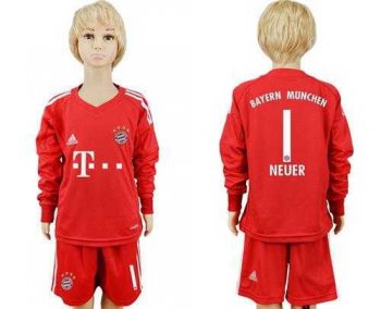 Bayern Munchen #1 Neuer Red Goalkeeper Long Sleeves Kid Soccer Club Jersey