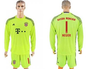 Bayern Munchen #1 Neuer Shiny Green Goalkeeper Long Sleeves Soccer Club Jersey