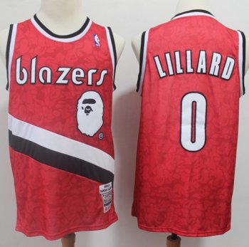 Mitchell And Ness A Bathing Ape Blazers #0 Damian Lillard Red Stitched NBA Jersey