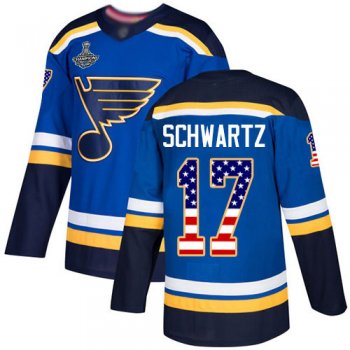 Blues #17 Jaden Schwartz Blue Home Authentic USA Flag Stanley Cup Champions Stitched Hockey Jersey