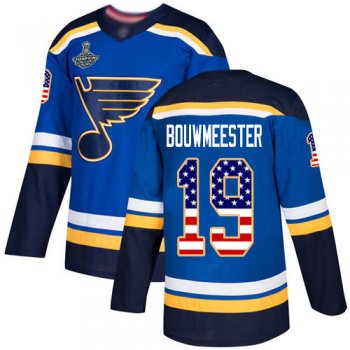 Blues #19 Jay Bouwmeester Blue Home Authentic USA Flag Stanley Cup Final Bound Stitched Hockey Jersey