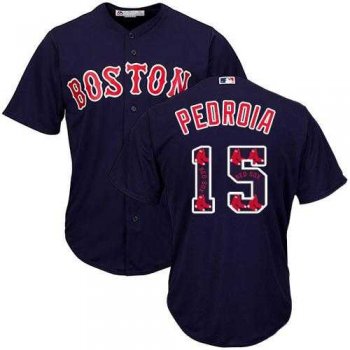 Boston Red Sox #15 Dustin Pedroia Navy Blue Team Logo Fashion Stitched MLB Jersey